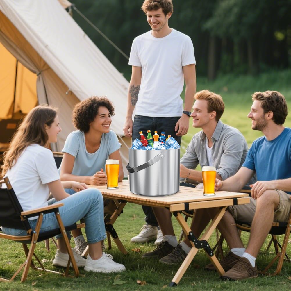 Cubitera de Acero Inoxidable con Tapa, Cubo de Hielo Aislado, Enfriador de Cerveza y Champán, Cubo de Hielo de 2,2 l, Incluye Colador y Pinzas para Hielo, Portátil y Fácil de Limpiar