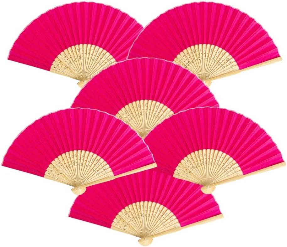 Pack of 6 Handheld Paper and Bamboo Folding Fans for Wedding Party, Church, Festivals, Home and DIY Decoration (Hot Pink)