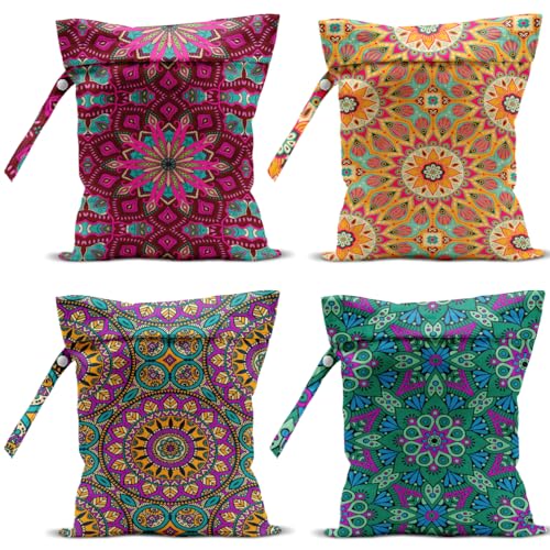 4 Pack Boho Mandala Floral Lover Gift Wet Bag Waterproof Washable Reusable Wet Dry Bag for Swimsuit Clothes Cloth Diaper Travel Pool Yoga Toiletries Gift for Women Sister Bestie Birthday Christmas