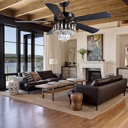 Miniatura 7 de Ventilador de techo de cristal de 52 pulgadas, control remoto, motor de silencio y 5 cuchillas reversibles de madera, ventilador de techo moderno de