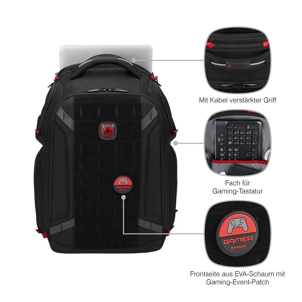 WENGER PlayerOne Gaming Laptop-Rucksack, Notebook bis 17 Zoll, Tablet bis 12 Zoll, Organizer, 29 l, Damen Herren, Business Uni Schule Reisen, Schwarz, 611650