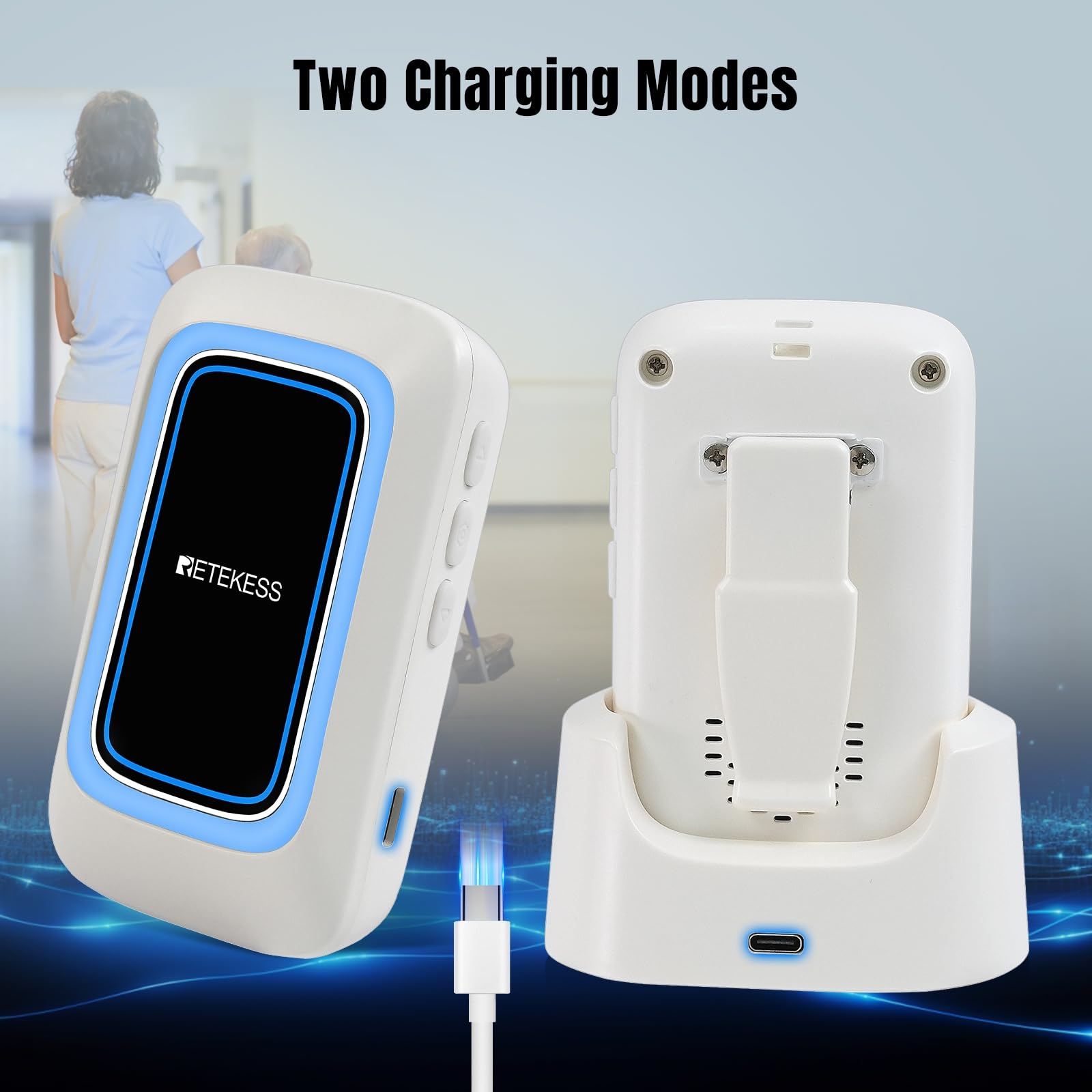 Retekess TH109 Pulsante Di Chiamata Wireless, Pulsante di Chiamata Per Anziani, Distanza di Comunicazione di 850 Piedi, Allarme Multimodale, Assistenza Domiciliare (1 Pulsante e 1 Ricevitor)