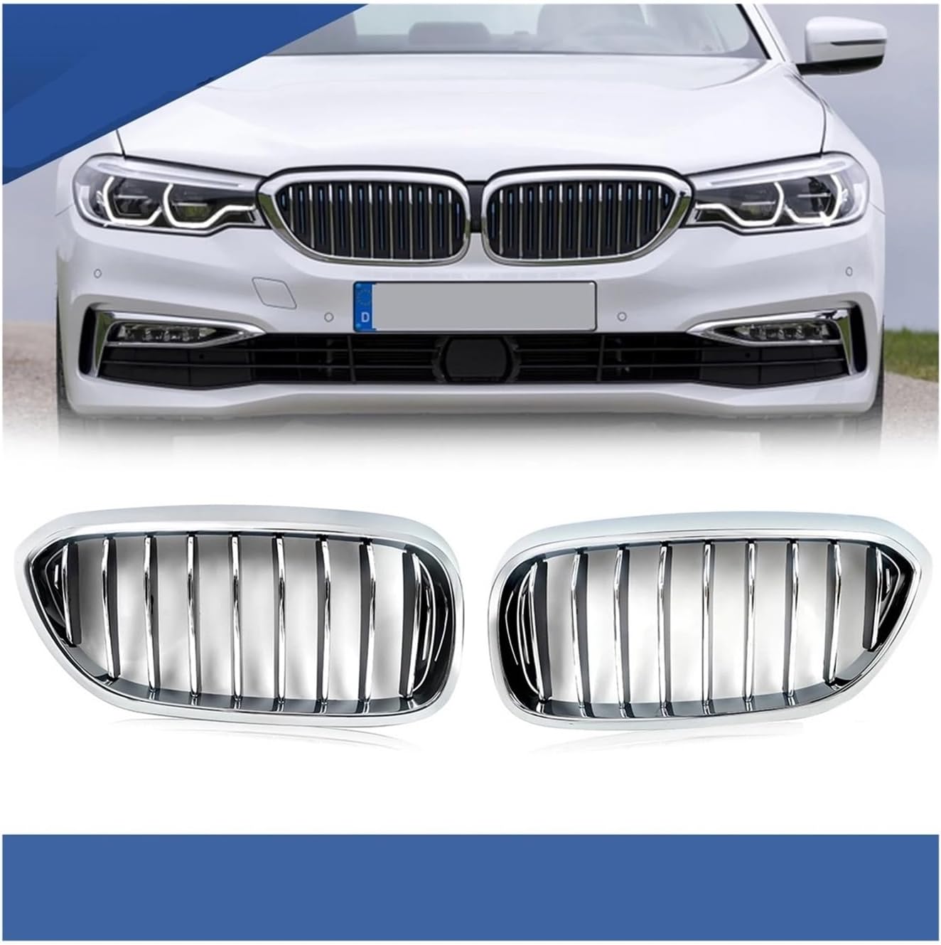 Compatible For BMW 5 Series G30 G38 525 530 540Li 530i 540i 2017-2020 Chrome Front Kidney Grille Grill Driver LH+RH Side
