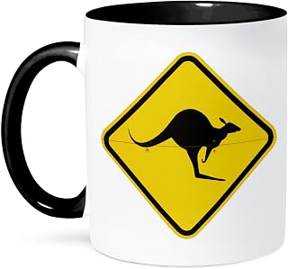 3dRose Kangaroo Warning Sign, Australia Mug, 11 oz, Black