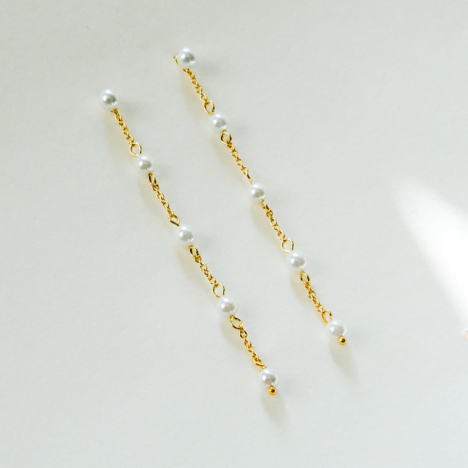 Dainty Pearl Drop Earrings | 18K Gold | 5 Pearl Droplet Earrings | Handmade Women's Drop & Linear Pearl Earrings