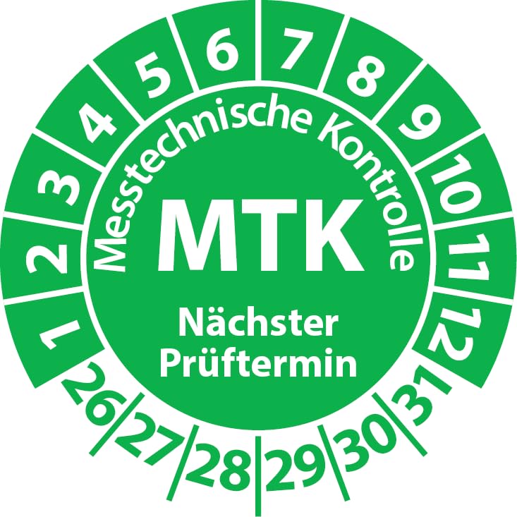 Prüfplakette MTK Medizintechnik Messtechnische Kontrolle, Vinylfolie, Prüfaufkleber, Prüfetikett, Plakette (20 mm Ø, Grün, 500)