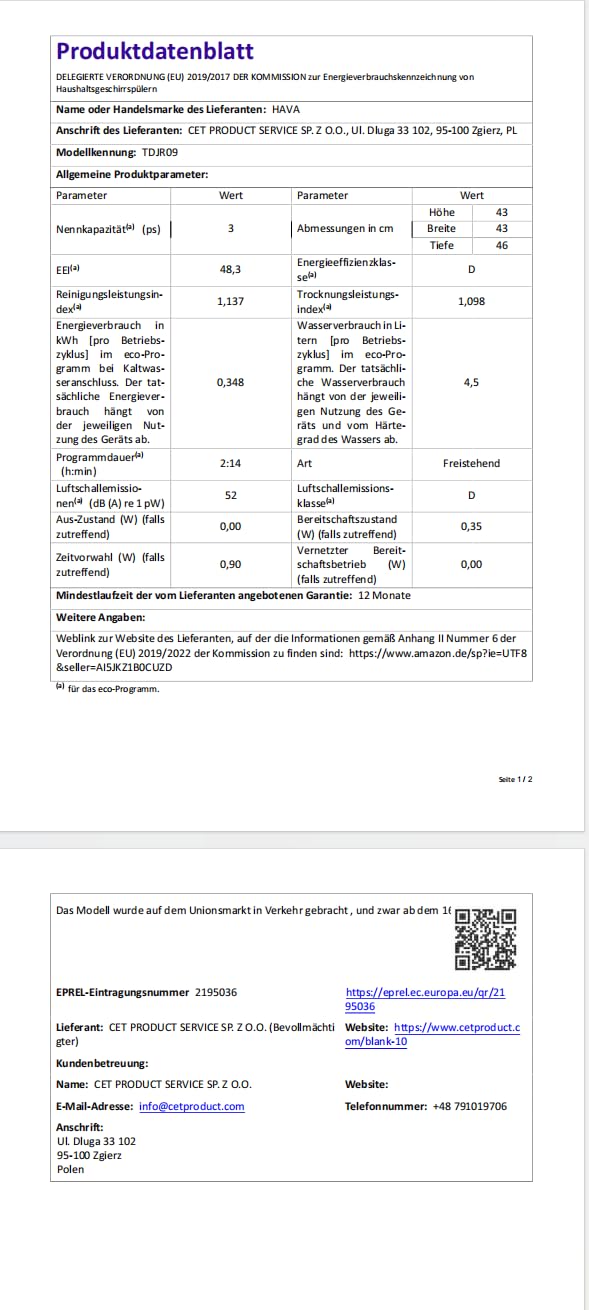 HAVA Tischgeschirrspüler mit Wasserenthärter, 8 Programmen, Kindersicherung, verzögerter Start, keine Installation erforderlich - Zarter Flieder