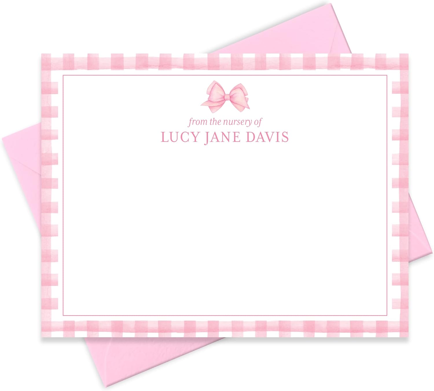 Baby Shower Thank You Cards and Envelopes Personalized from Girl Nursery, Pink Baby Thank You Cards Stationery, Flat A2 Note Card and Envelope Stationery Set (Bow with Gingham Border)