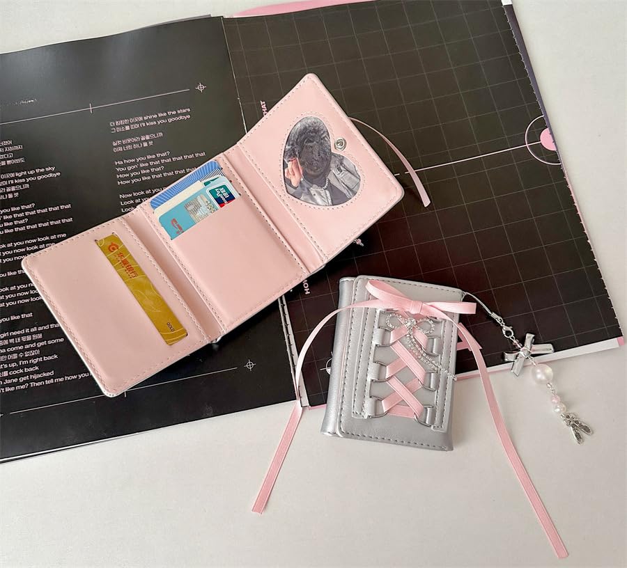 Small Wallet for Women Balletcore Cute Y2K Tri-fold Vintage Wallet Rhinestones Bow Goth Purse Leather Cash Card Holder4