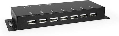 Coolgear Hub USB 2.0 delgado de 7 puertos con adaptador de corriente - 480 Mbps de datos, LED, montaje en superficie y pared