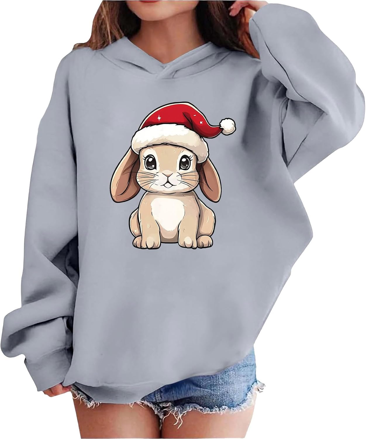 Girls Christmas Hoodie Santa Bunny Graphic Cozy Long Sleeve Pullover Sweatshirt Fleece Lined Warm Holiday Top Kids
