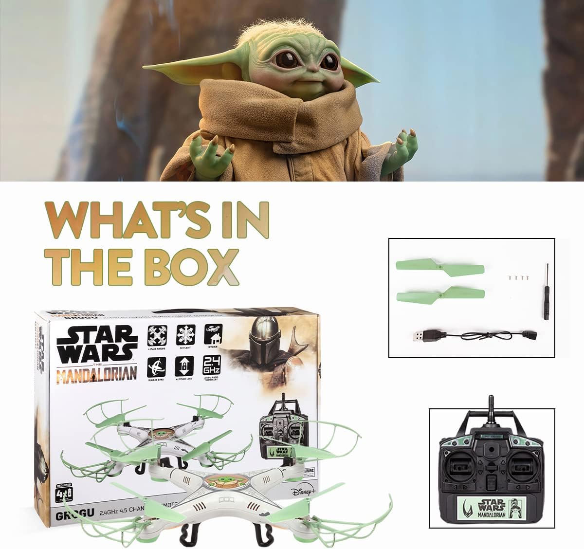 Star Wars The Mandalorian Grogu Baby Yoda RC Quadcopter Drone - 2.4GHz 4.5CH Remote Control Flying Drone with Flip Stunt Modes, Built-In Gyro and USB Charging - Kids 6+