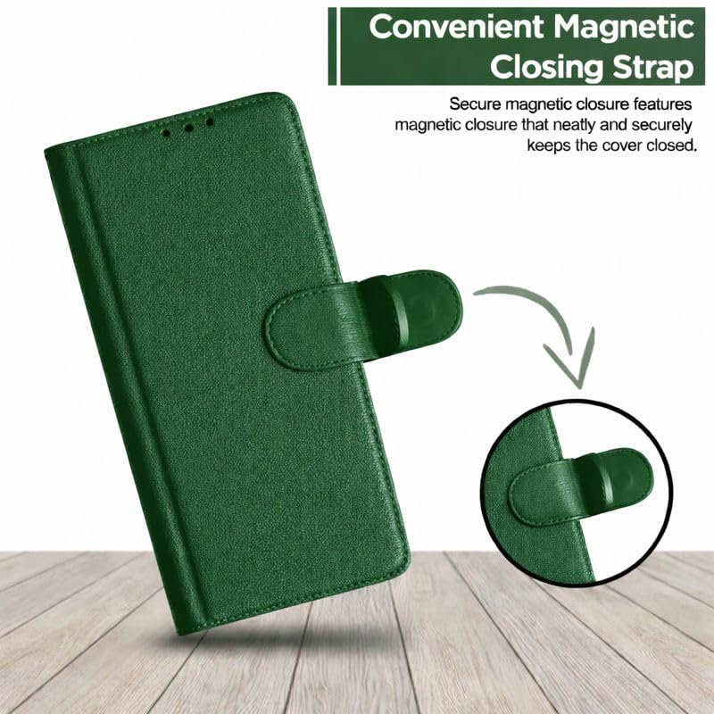 Image of Cover for Vivo T5x 5G / Y51 Pro 5G / iQOO Z11x 5G, Wallet Style, Leather Finish, Magnetic Closure, Inbuilt Stand, Card Pocket (Green)