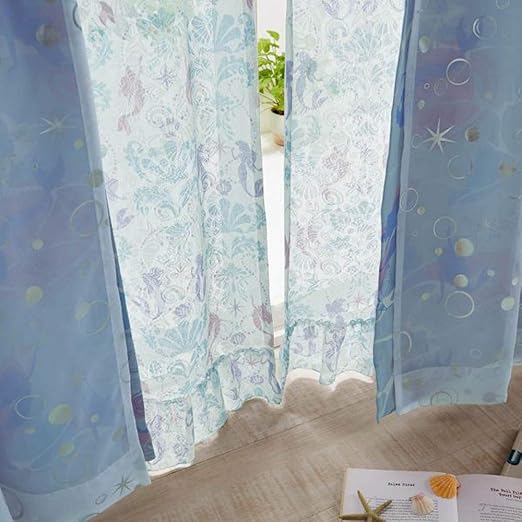 Amazon Co Jp ベルメゾン ディズニー レースカーテン 裾フリル プリント レース カーテン アリエル 約100 148 2枚 ホーム キッチン