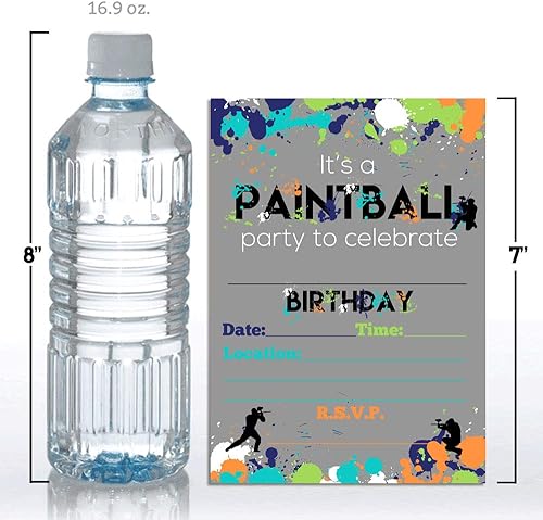 Miniatura 7 de Invitaciones para fiestas de cumpleaños con temática de paintball, 20 tarjetas de relleno de 5 x 7 pulgadas con veinte sobres blancos por