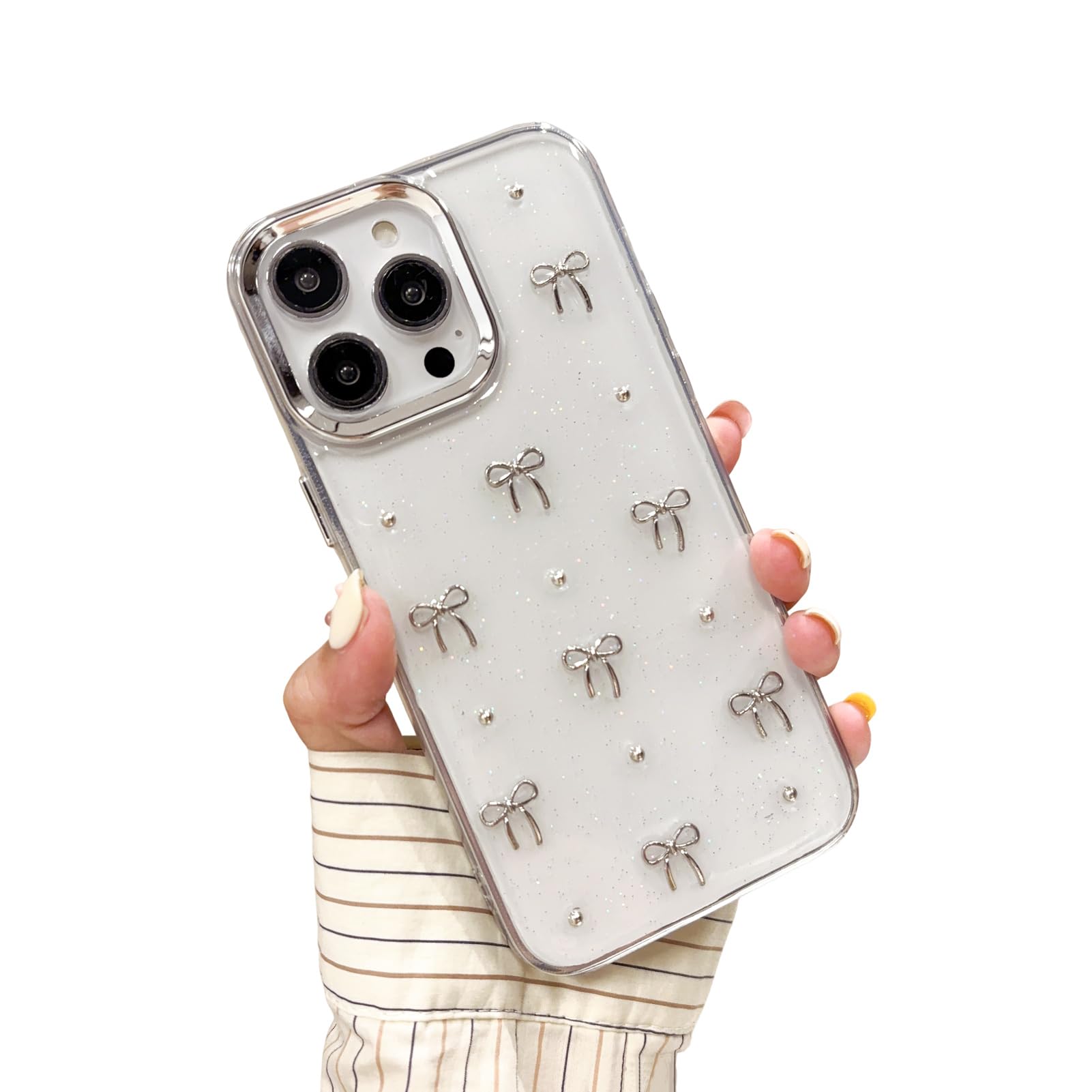 3D Silver Bow Glitter Clear Cute Phone Case for iPhone 15 Pro Max [6.7in],Aesthetic Coquette Crystal Sparkly Girly Kawaii Pretty Design Protective