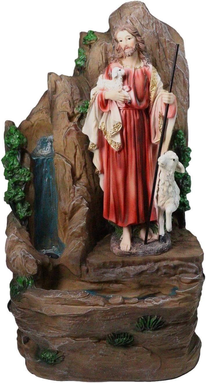 Ebros Gift Catholic Christian Religious Devotion Water Fall Fountain with LED Light Feature Devotional Figurine 16.75" Tall (Jesus The Good Shepherd)