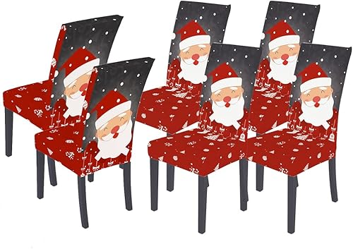XMNTG Juego de 6 fundas para sillas de Navidad, con estampado de Papá Noel, decoración del hogar, fundas extraíbles antideslizantes y lavables para