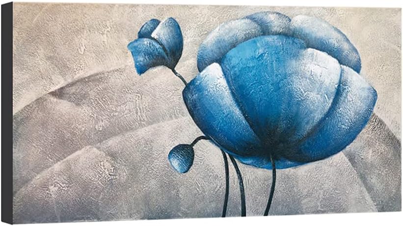 Wieco Art Hand Painted White & Blue Botanical Canvas Wall Art, Modern Abstract Floral Oil Painting, Ready to Hang Living Room Bedroom Decor