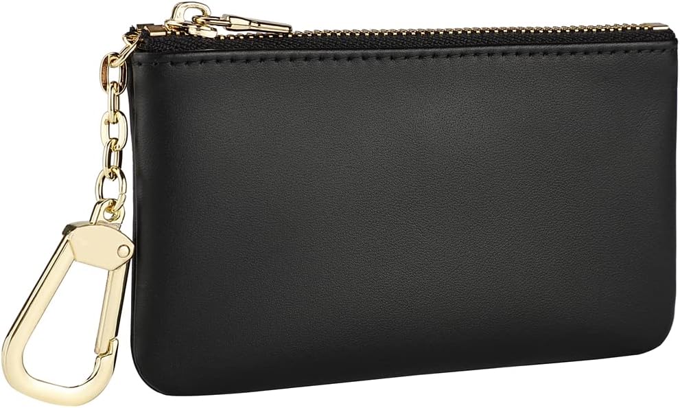 Premium Genuine Full Grain Leather Mini Coin Purse Keychain Pouch Card Holder for Men Women (Black) - Image 2