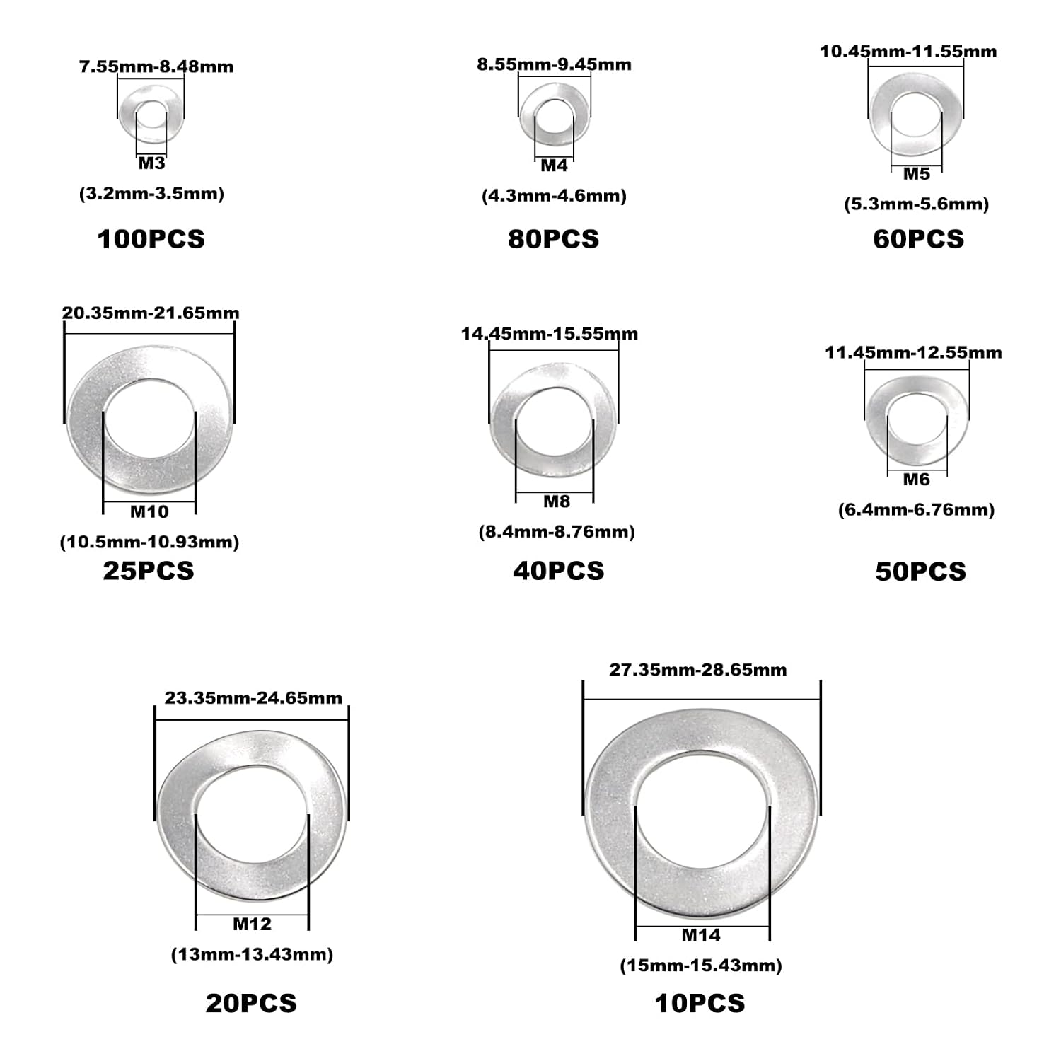 385PCS Metric M3 M4 M5 M6 M8 M10 M12 M14 304 Stainless Steel Wave Spring Washers Assortment Kit