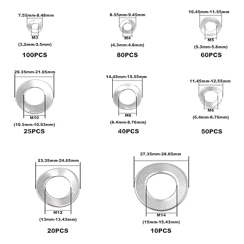 Miniatura 2 de MCMASKE Kit surtido de 385 piezas de arandelas de resorte de acero inoxidable M3 M4 M5 M6 M8 M10 M12 M14 304