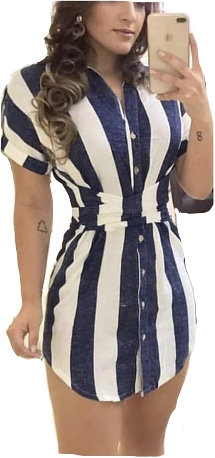 MAGICMK Women's Striped Short Sleeve Loose Swing Casual T-Shirt Dress with Belt
