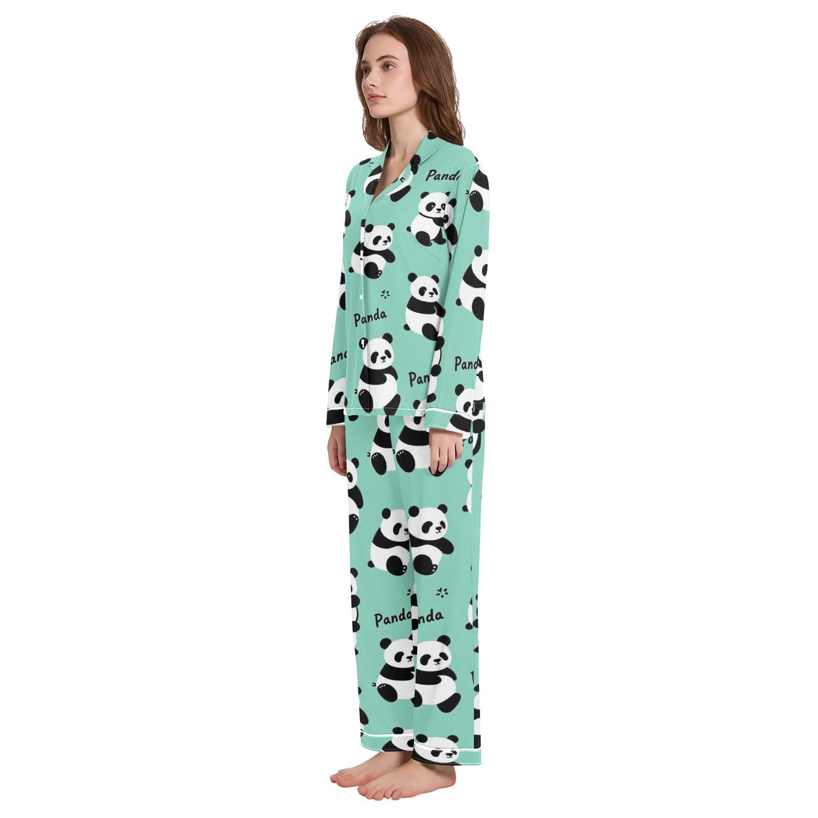 Wudan Zielona Panda Bear Pocket Sleep Pants Mid Waist Zestawy piżam Codzienny relaks dla kobiet