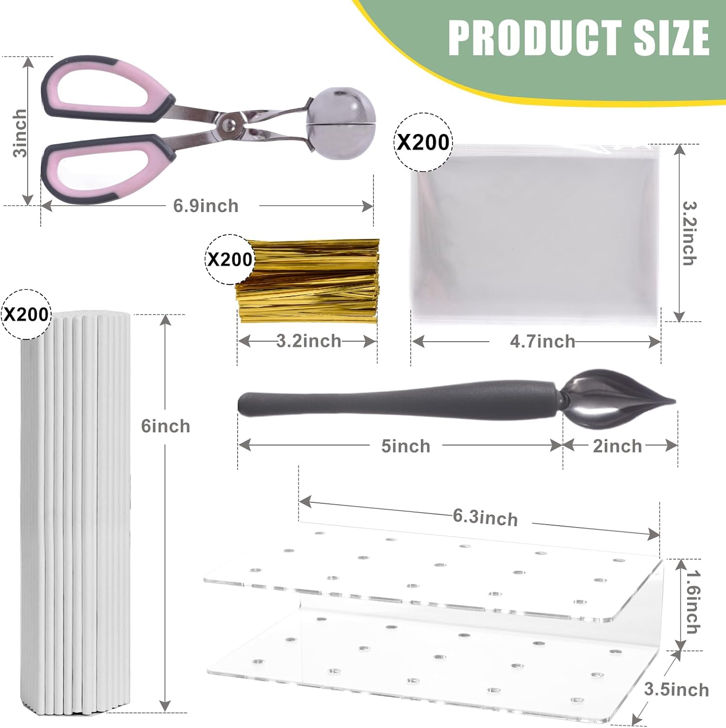 Cake Pop Kit Including 200 pcs 6 inch Lollipop Sticks and 200 pcs Clear Wrappers, 15 hole Clear Acrylic Display Stand, 1 pcs Metal Baller Scoop, 1 pcs Culinary Decorating Scooper, Gold Twist Ties
