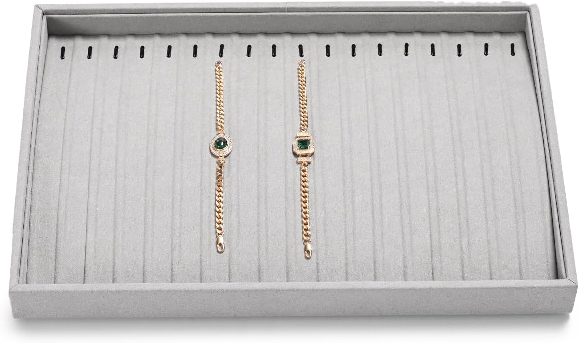Microfiber Necklace & Bracelet Tray with Raised Ridge Design Gray | 18 Slots, For Necklace & Bracelet Storage, Anti-Tangle, Durable