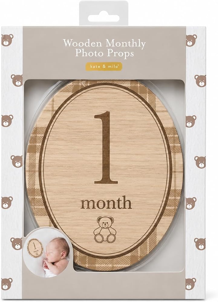 Kate & Milo Wooden Baby 월간 마일스톤 사진 소품, 깅엄 테디 베어 — 사진 1