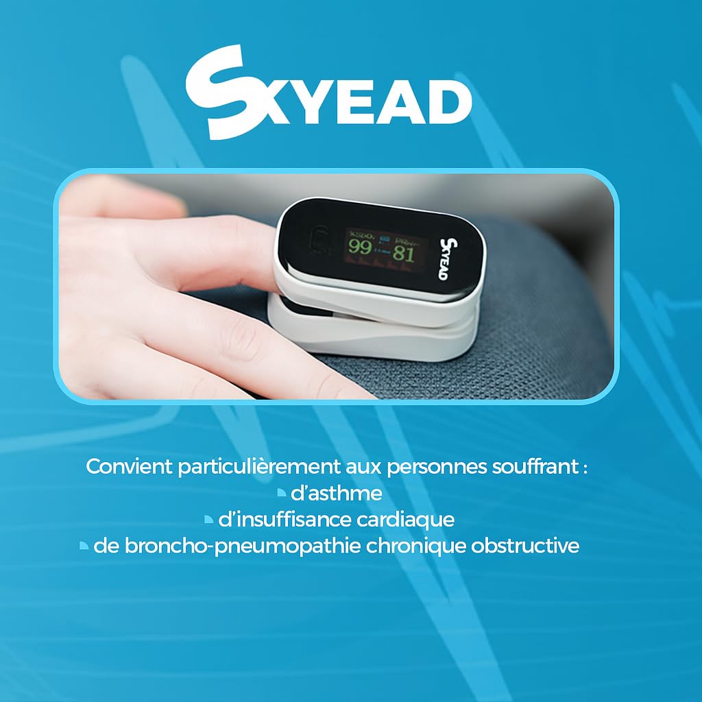 Oxymètre de Pouls - saturomètre professionnel Bluetooth SKYEAD SK-25A – Suivi SpO2 & Fréquence Cardiaque – Écran HD – Appli AILINK iOS/Android – Étui + Piles Inclus – Hommes/Femmes/Sport/Santé (SK25A)