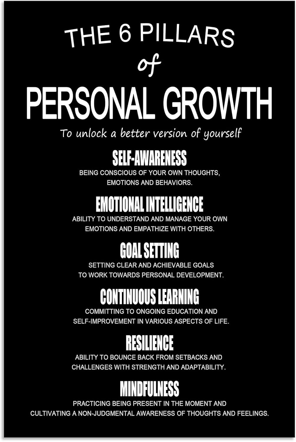 Motivational Wall Decor The 6 Pillars Of Personal Growth Self Improvement Poster Transform Your Life Inspirational Wall Art Printed Canvas Artwork for Bedroom Workplace Home Framed [12" W X 18" H] image 2