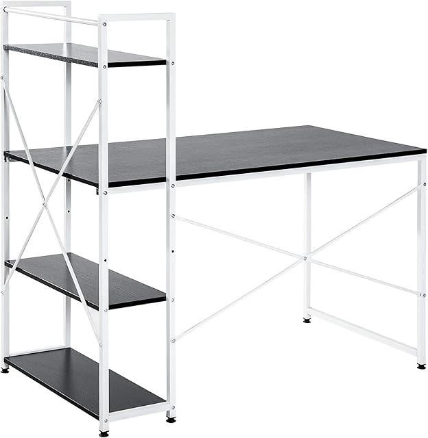 HOMCOM Computer Desk with Storage PC Table Study Workstation Home Office with 4-tier Bookshelf Metal Frame Wooden Top (Black & White)