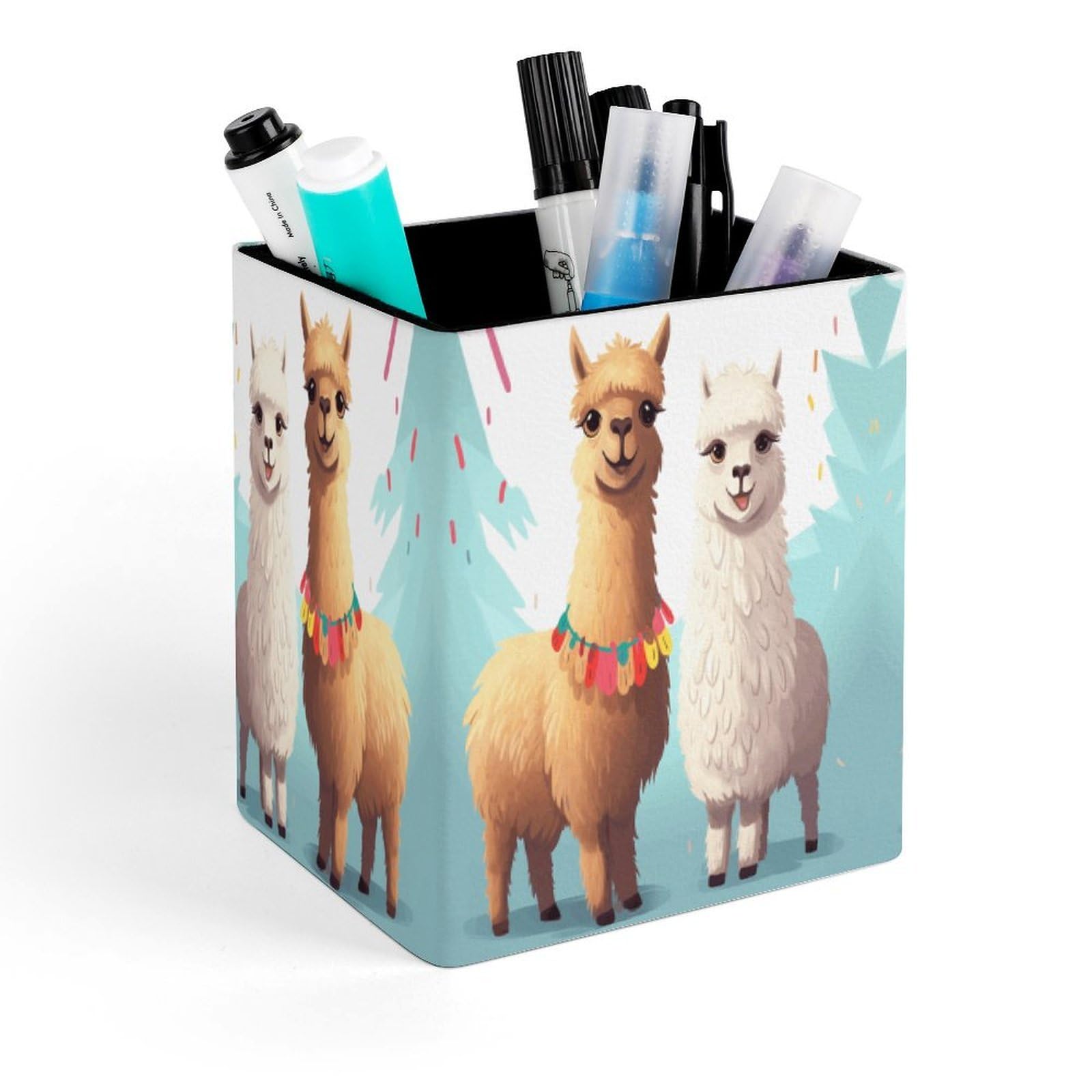 VstaDank Llama Alpaca Pen Holder Square Pencil Holder Leather Pencil Cup Pen Organizer Makeup Brush Holders Pen Cups Desktop Stationery Organizer for Home Office Desk Organizers