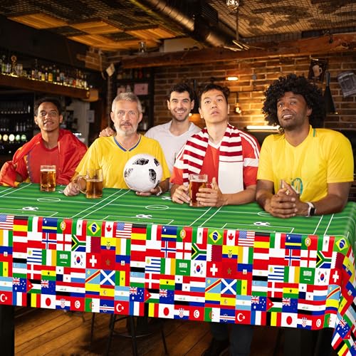 Image of 3 Pcs Soccer Tablecloths Plastic, Disposable Soccer Rectangle Table Cover 54 X 108 Inch, 2026 International World Flags Green Tableware Set Birthday Party Decorations for Sports Theme Party Supplies