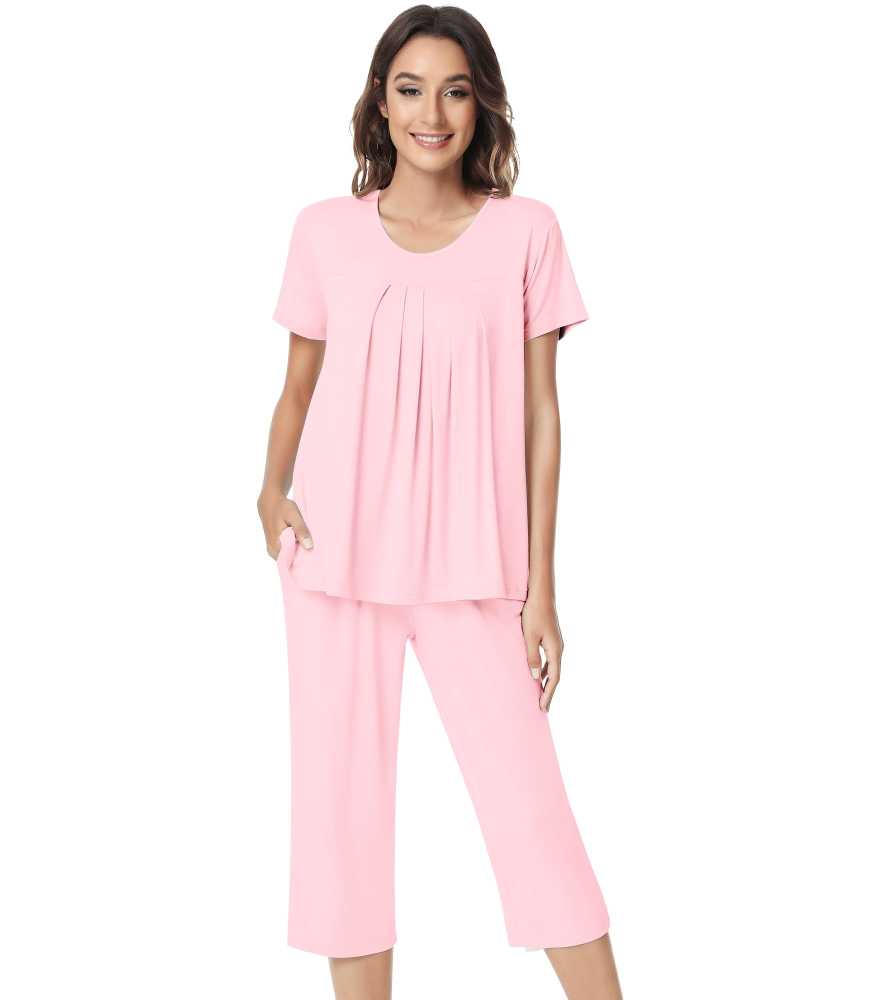 NACHILA Women's Bamboo Viscose Cooling Pajama Sets - Short Sleeve Top & Soft Capri Pants, OEKO-TEX Certified