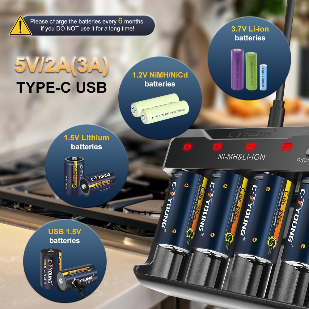 Lot de 4 piles C rechargeables au lithium 1,5 V USB 5500 mWh