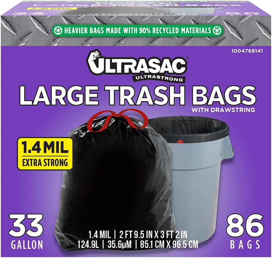 Ultrasac Black Large Heavy Duty Drawstring Trash Bags 33 Gallon 1.4 MIL, 33.5" x 38" - Pack of 86 - For Home, Commercial, Construction, & Outdoor
