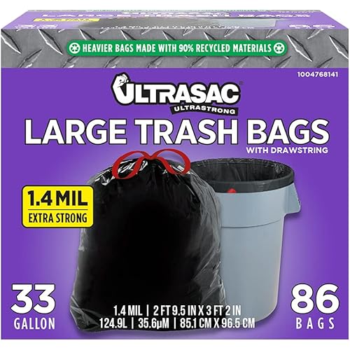 Ultrasac Black Large Heavy Duty Drawstring Trash Bags 33 Gallon 1.4 MIL, 33.5" x 38" - Pack of 86 - For Home, Commercial, Construction, & Outdoor
