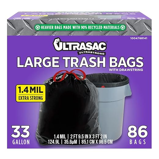 Ultrasac Black Heavy Duty Drawstring Trash Bags 33 Gallon, Pack of 86