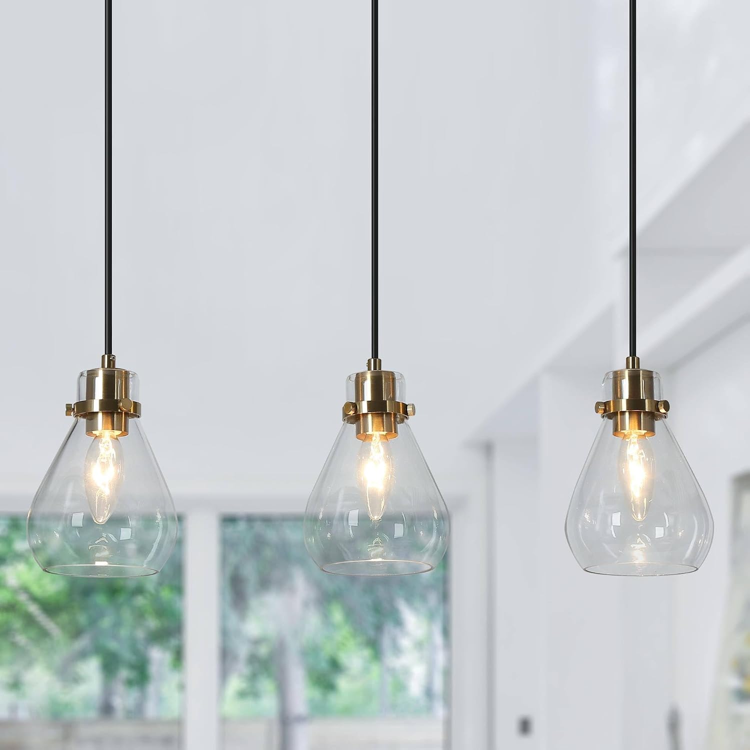 Modern Black Gold Chandeliers, 3 Light Adjustable Ceiling Pendant Lights Mid-Century Kitchen Island Lighting with Clear Glass Shade for Entryway, Foyer, Black & Plating Brass Finish