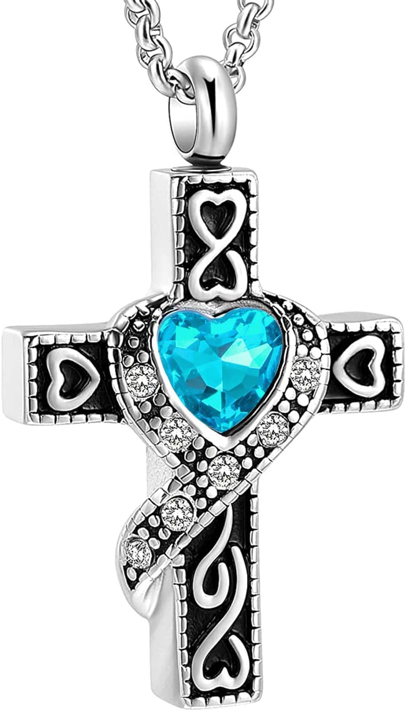 Urn Necklace Ash Cremation Jewelry Cremation Necklace for Ashes Cross Urn Necklace with Inlaid Heart Birthstone