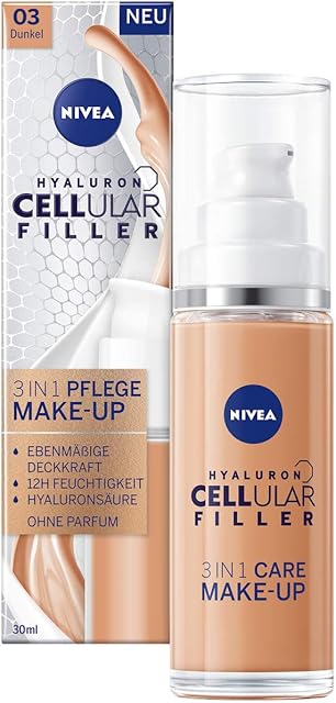 NIVEA Hyaluron Cellular Filler 3 w 1, ciemny makijaż (30 ml), nawilżający podkład z kwasem hialuronowym, zapewnia równomierną cerę