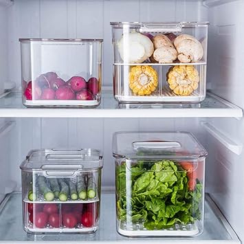 elabo Food Storage Containers Fridge Produce Saver- Stackable Refrigerator Organizer Keeper Drawers Bins Baskets with Lids and Removable Drain Tray for Veggie, Berry and Fruits