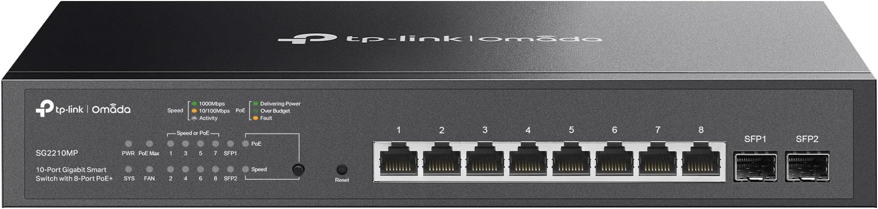 TP-Link TL-SG2210MP | Jetstream 10 Port Gigabit Smart Managed PoE switch | 8 PoE+ Ports @ 150W, 2 SFP Slots | Omada SDN Integrated | PoE Recovery | IPv6 | Static Routing | Limited Lifetime Protection