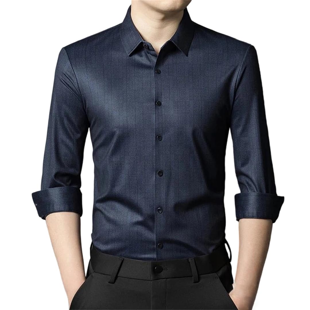 Mens Silk Formal Dress Shirt Long Sleeve Anti-Wrinkle Button Down Slim Fit Casual Shirt