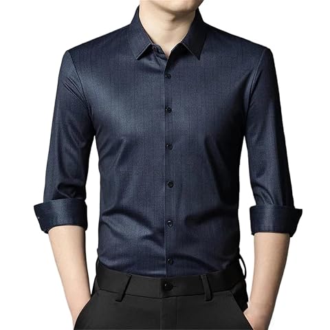 Mens Silk Formal Dress Shirt Long Sleeve Anti-Wrinkle Button Down Slim Fit Casual Shirt