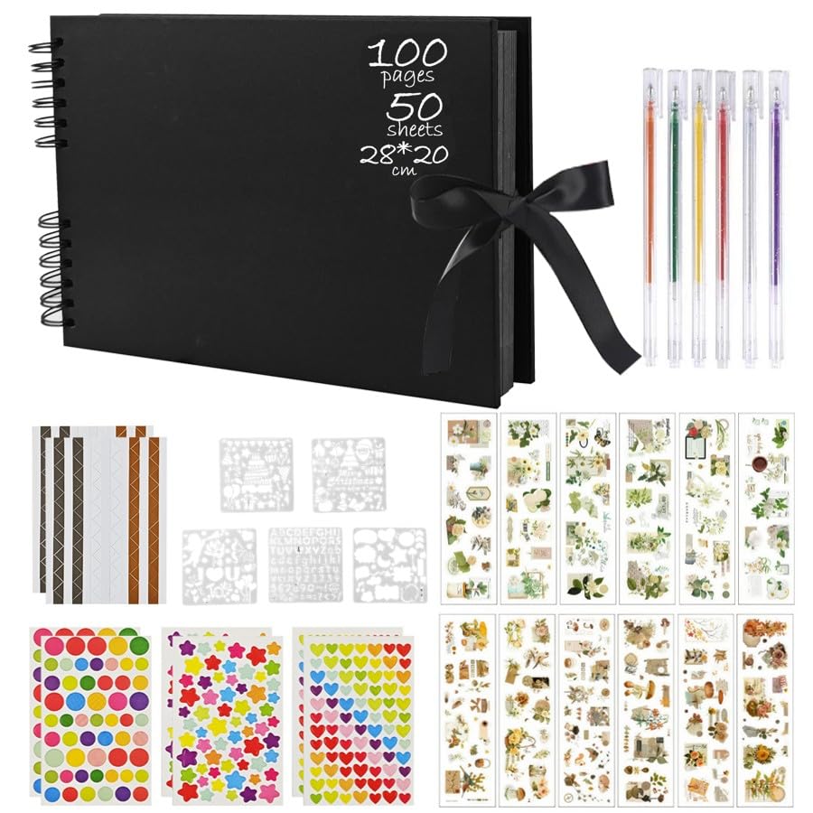 Album Photo A4 à Personnaliser - 100 Pages Noires - Avec Stylos, Autocollants - Scrapbooking Famille