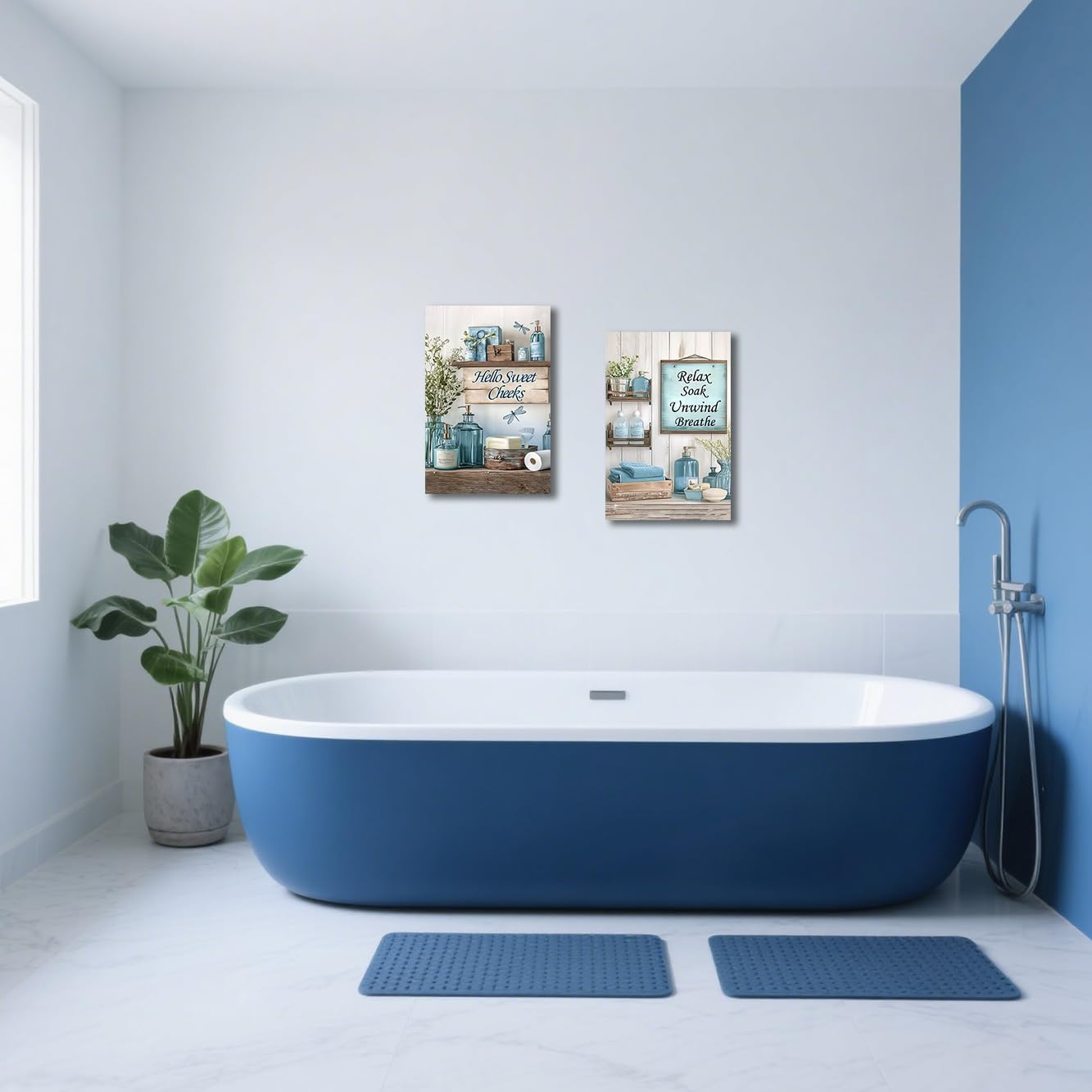 BJYCHG Farmhouse Bathroom Wall Decor 2 Pieces Rustic Bathroom Picture Quotes Sign Canvas Prints Vintage Flower Bottles Painting for Toilet Laundry Framed (Blue, 12x16inchx2 Pieces)